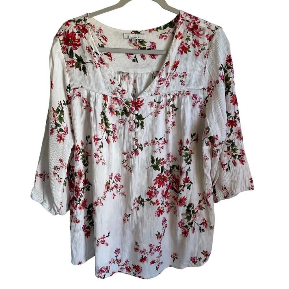 Skies Are Blue Blouse Top Sz 1X White Pink Floral V-Neck 3/4 Sleeves Feminine